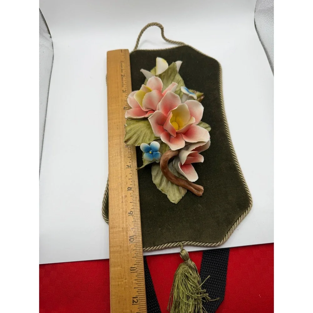 Vintage Capodimonte Italy‎ Porcelain Floral Wall Plaque Green Velvet Tassel 11in